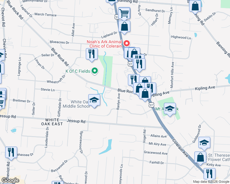 map of restaurants, bars, coffee shops, grocery stores, and more near 5896 Ranlyn Avenue in Cincinnati