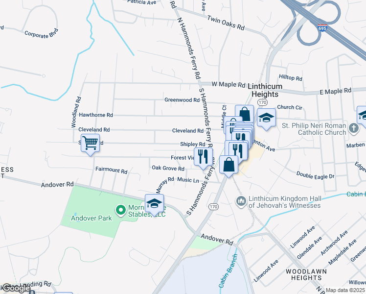 map of restaurants, bars, coffee shops, grocery stores, and more near 419 Shipley Road in Linthicum Heights
