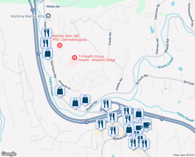 map of restaurants, bars, coffee shops, grocery stores, and more near 6765 Towering Ridge Way in Cincinnati