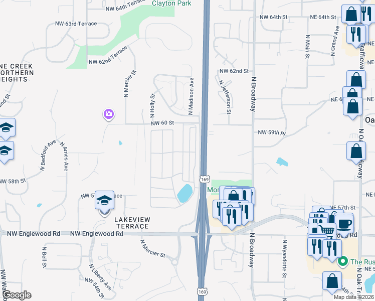 map of restaurants, bars, coffee shops, grocery stores, and more near 5800 North Madison Avenue in Kansas City