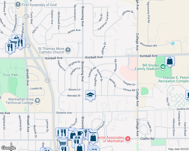map of restaurants, bars, coffee shops, grocery stores, and more near 1749 Vaughn Drive in Manhattan