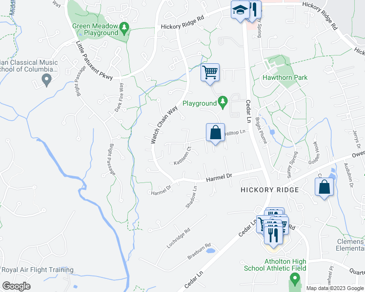 map of restaurants, bars, coffee shops, grocery stores, and more near 10941 Hilltop Lane in Columbia