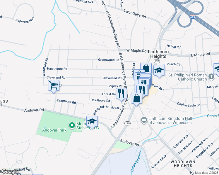 map of restaurants, bars, coffee shops, grocery stores, and more near 419 Shipley Road in Linthicum Heights