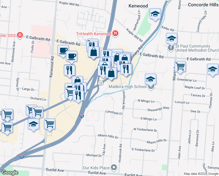 map of restaurants, bars, coffee shops, grocery stores, and more near 8010 Montgomery Road in Cincinnati