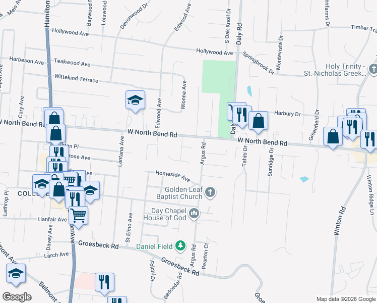 map of restaurants, bars, coffee shops, grocery stores, and more near 6109 Argus Road in Cincinnati