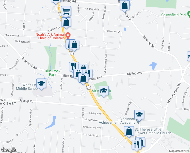 map of restaurants, bars, coffee shops, grocery stores, and more near 2615 Kipling Avenue in Cincinnati