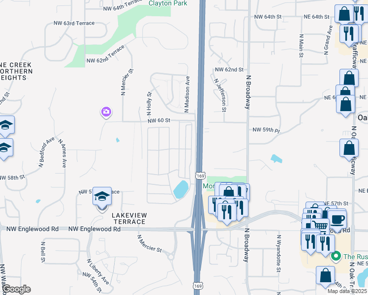 map of restaurants, bars, coffee shops, grocery stores, and more near 5800 North Madison Avenue in Kansas City