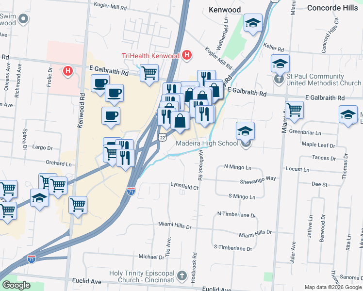 map of restaurants, bars, coffee shops, grocery stores, and more near 8044 Montgomery Road in Cincinnati