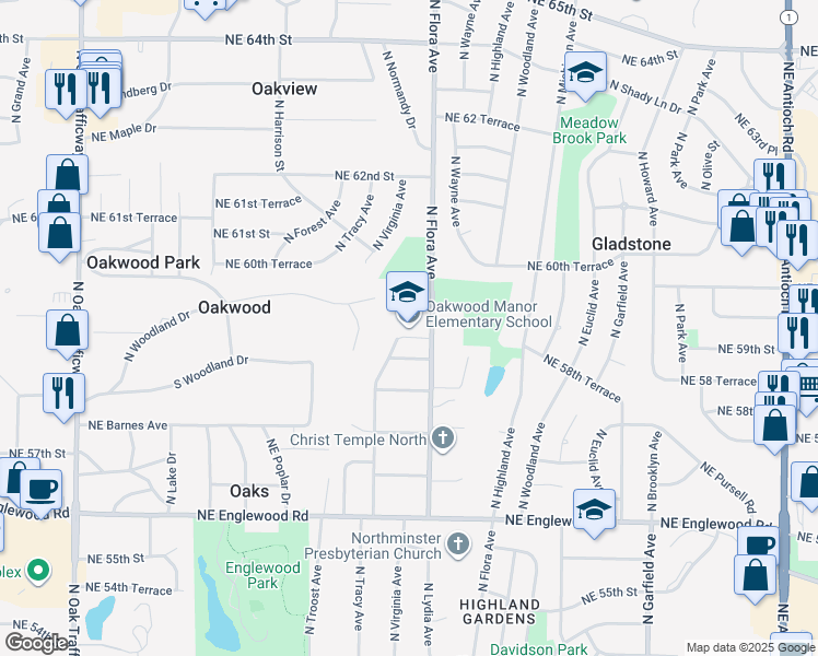 map of restaurants, bars, coffee shops, grocery stores, and more near 5900 North Flora Avenue in Kansas City