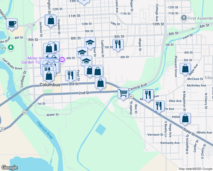 map of restaurants, bars, coffee shops, grocery stores, and more near 201-299 Vollmer Street in Columbus