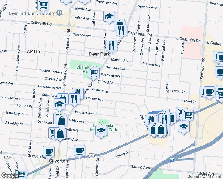 map of restaurants, bars, coffee shops, grocery stores, and more near 4255 Orchard Lane in Cincinnati