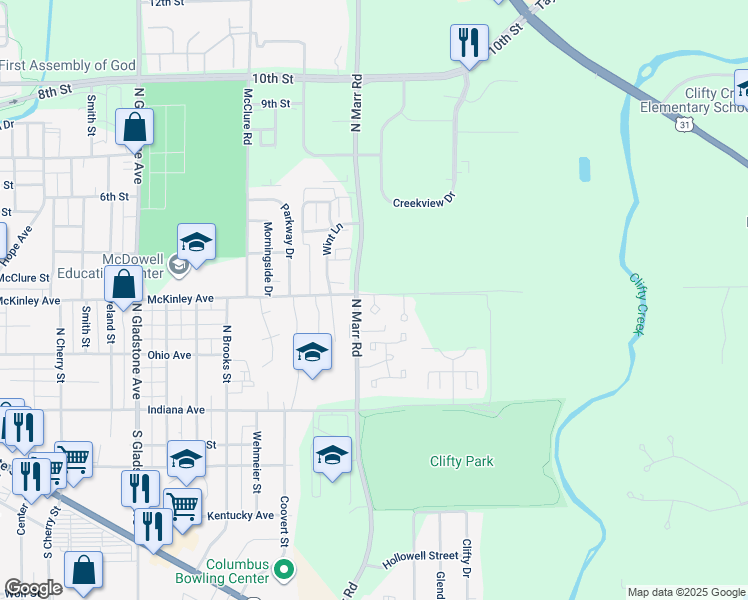 map of restaurants, bars, coffee shops, grocery stores, and more near 155 Cambridge Square in Columbus