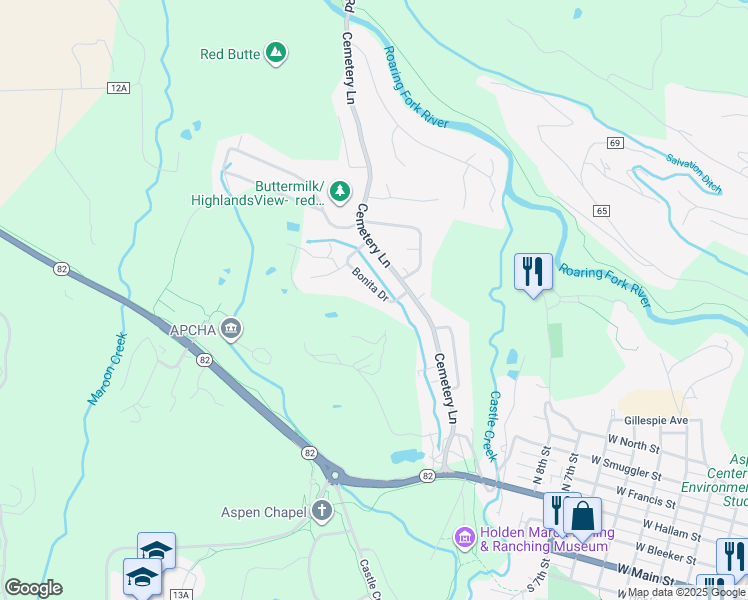 map of restaurants, bars, coffee shops, grocery stores, and more near 813 Bonita Drive in Aspen