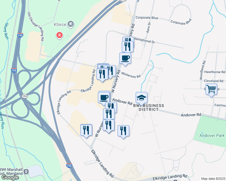 map of restaurants, bars, coffee shops, grocery stores, and more near 1671 West Nursery Road in Linthicum Heights