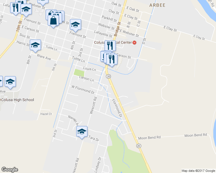 map of restaurants, bars, coffee shops, grocery stores, and more near 1319 Wescott Road in Colusa