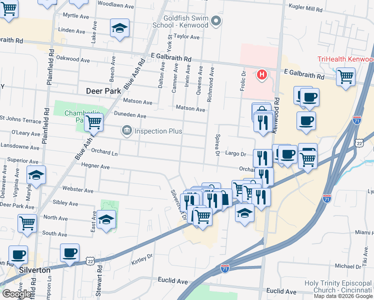map of restaurants, bars, coffee shops, grocery stores, and more near 4430 Orchard Lane in Cincinnati