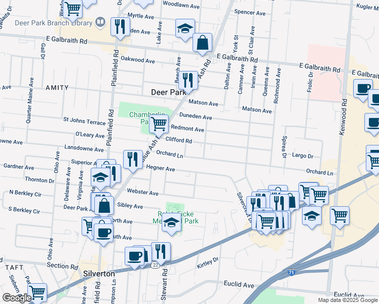 map of restaurants, bars, coffee shops, grocery stores, and more near 4255 Orchard Lane in Cincinnati