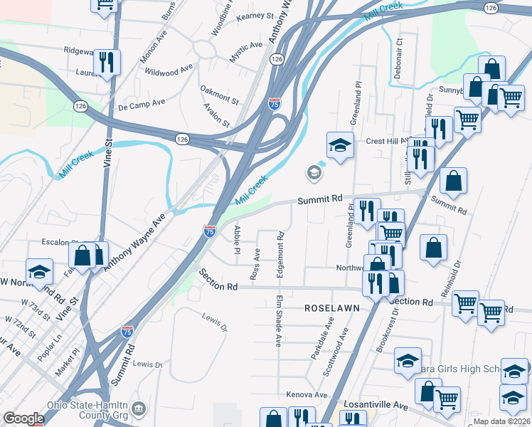 map of restaurants, bars, coffee shops, grocery stores, and more near 7569 Ross Avenue in Cincinnati