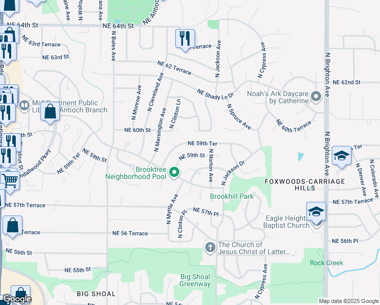 map of restaurants, bars, coffee shops, grocery stores, and more near 4001 Northeast 59th Street in Kansas City
