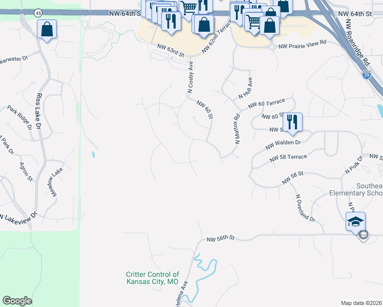 map of restaurants, bars, coffee shops, grocery stores, and more near 6001 Northwest 58 Street in Kansas City