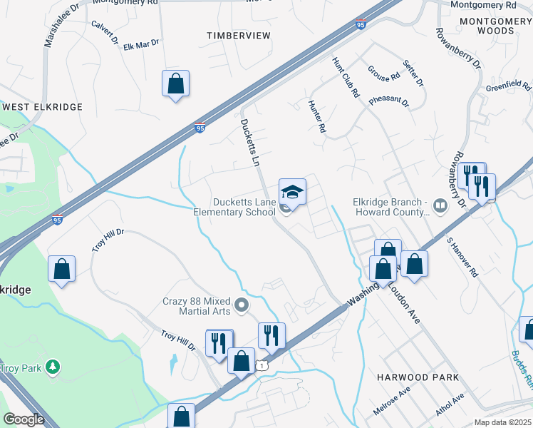 map of restaurants, bars, coffee shops, grocery stores, and more near 6212 Ducketts Lane in Elkridge