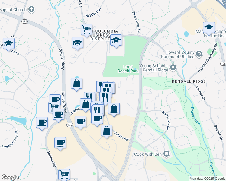 map of restaurants, bars, coffee shops, grocery stores, and more near 5941 Millrace Court in Columbia