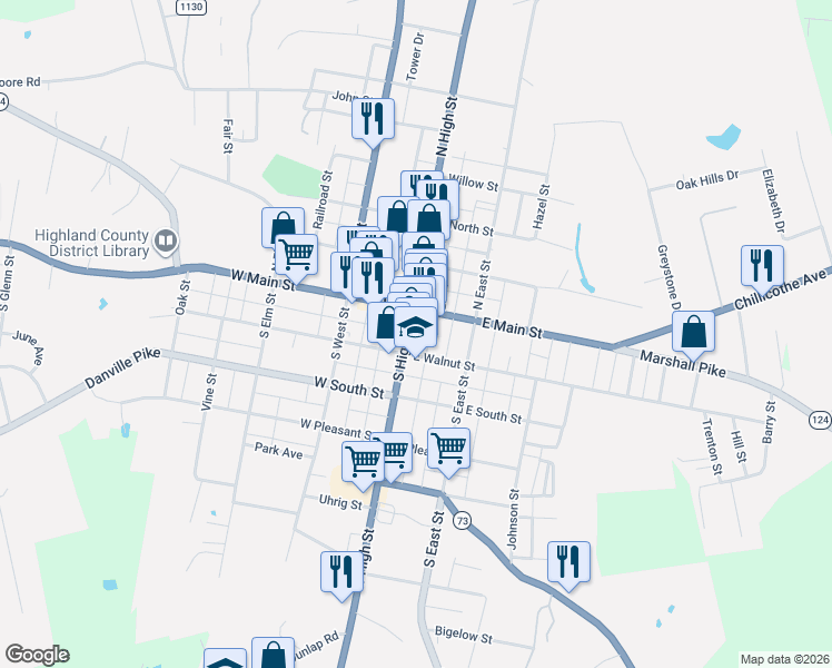 map of restaurants, bars, coffee shops, grocery stores, and more near 142 South High Street in Hillsboro