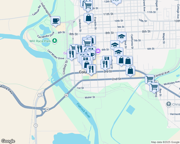 map of restaurants, bars, coffee shops, grocery stores, and more near 300 Washington Street in Columbus