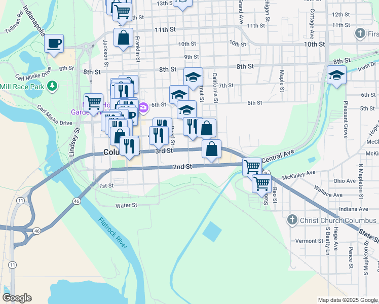 map of restaurants, bars, coffee shops, grocery stores, and more near 801 3rd Street in Columbus