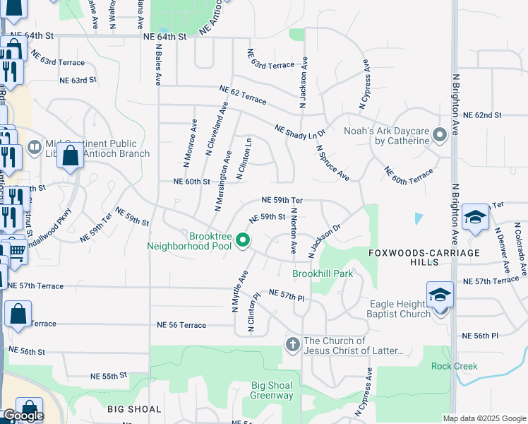 map of restaurants, bars, coffee shops, grocery stores, and more near 4001 Northeast 59th Street in Kansas City