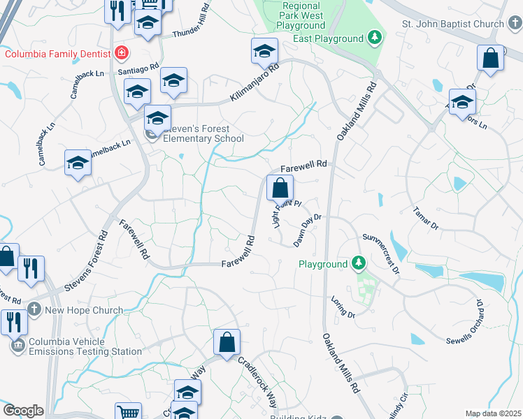 map of restaurants, bars, coffee shops, grocery stores, and more near 9429 Farewell Road in Columbia