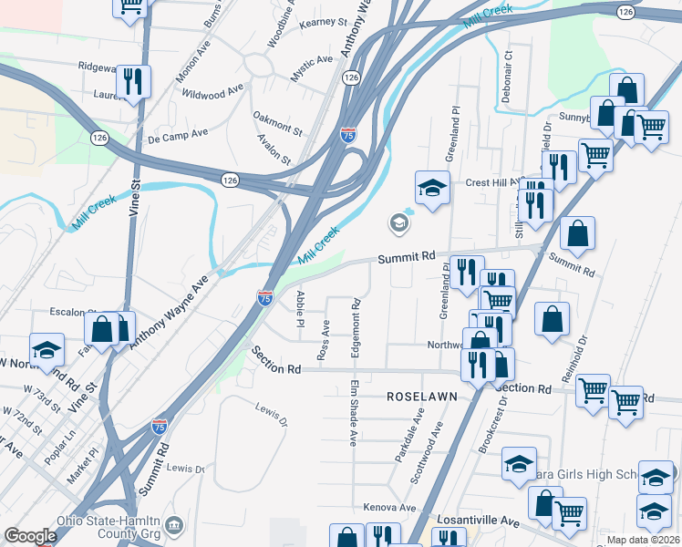 map of restaurants, bars, coffee shops, grocery stores, and more near 7569 Ross Avenue in Cincinnati