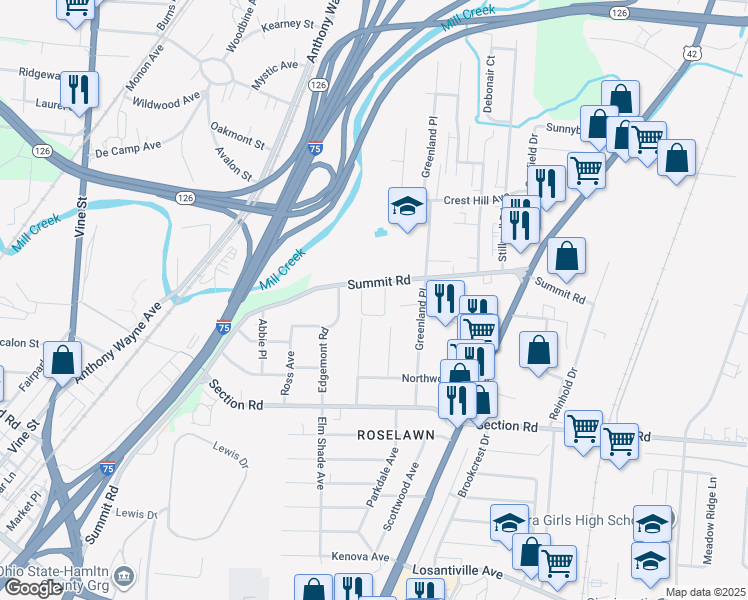 map of restaurants, bars, coffee shops, grocery stores, and more near 1581 Summit Road in Cincinnati