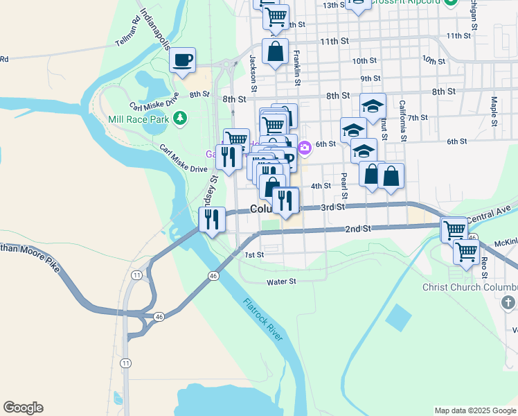 map of restaurants, bars, coffee shops, grocery stores, and more near 301 Jackson Street in Columbus
