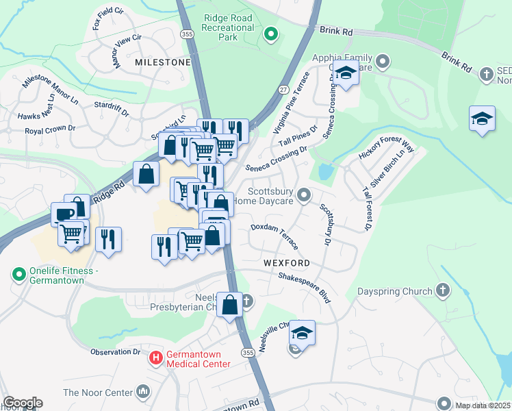 map of restaurants, bars, coffee shops, grocery stores, and more near 11618 Scarlet Leaf Circle in Germantown