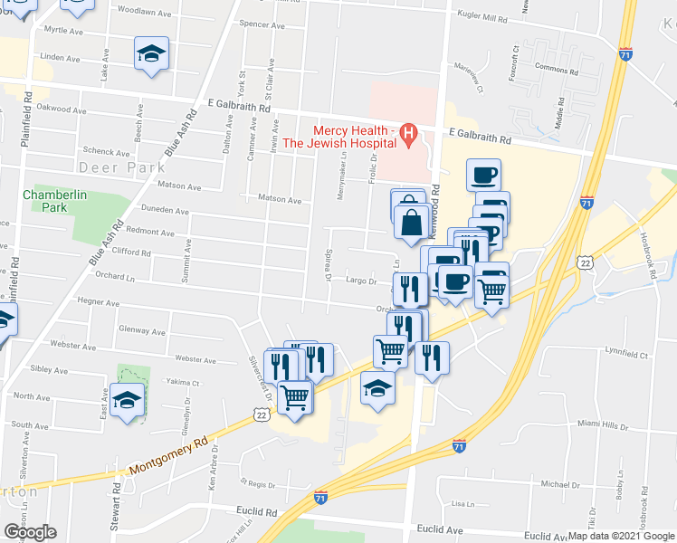 map of restaurants, bars, coffee shops, grocery stores, and more near 4616 Largo Drive in Cincinnati