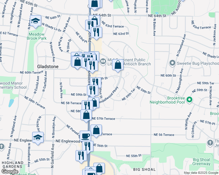 map of restaurants, bars, coffee shops, grocery stores, and more near 2900 Northeast Kendallwood Parkway in Gladstone