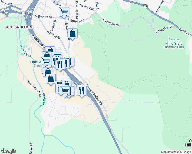 map of restaurants, bars, coffee shops, grocery stores, and more near 119 East McKnight Way in Grass Valley