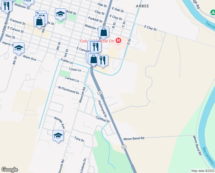 map of restaurants, bars, coffee shops, grocery stores, and more near 1747 State Highway 20 in Colusa