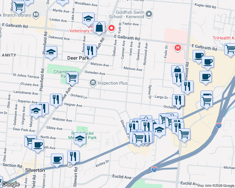 map of restaurants, bars, coffee shops, grocery stores, and more near 4340 Orchard Lane in Deer Park