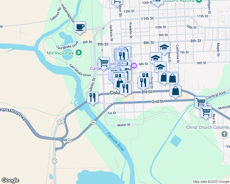 map of restaurants, bars, coffee shops, grocery stores, and more near 301 Jackson Street in Columbus