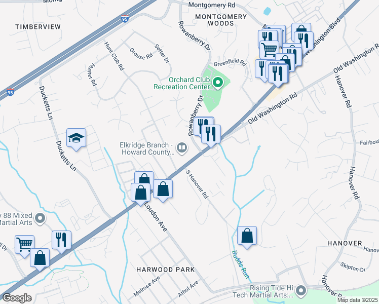 map of restaurants, bars, coffee shops, grocery stores, and more near 6540 Washington Boulevard in Elkridge