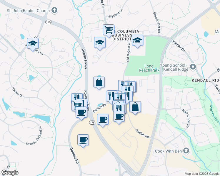 map of restaurants, bars, coffee shops, grocery stores, and more near 6210 Old Dobbin Lane in Columbia