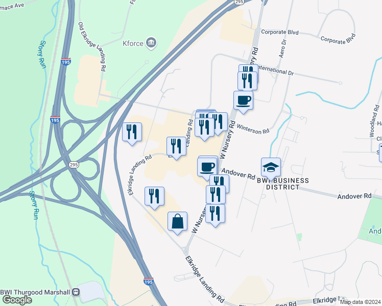 map of restaurants, bars, coffee shops, grocery stores, and more near 899 Elkridge Landing Road in Linthicum Heights