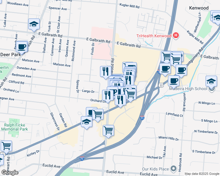 map of restaurants, bars, coffee shops, grocery stores, and more near 7599 Kenwood Road in Cincinnati
