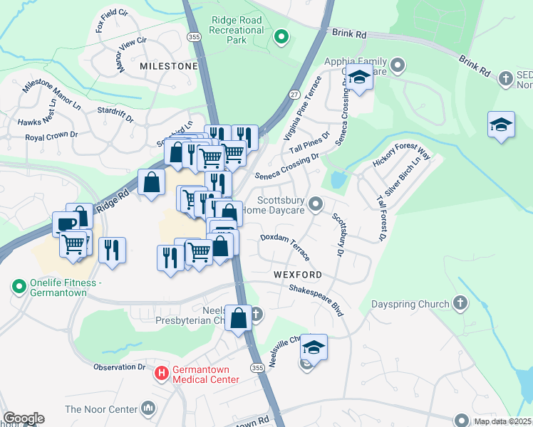 map of restaurants, bars, coffee shops, grocery stores, and more near 11618 Scarlet Leaf Circle in Germantown