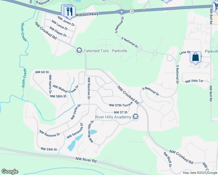 map of restaurants, bars, coffee shops, grocery stores, and more near 5813 Northwest Aspen Lane in Kansas City