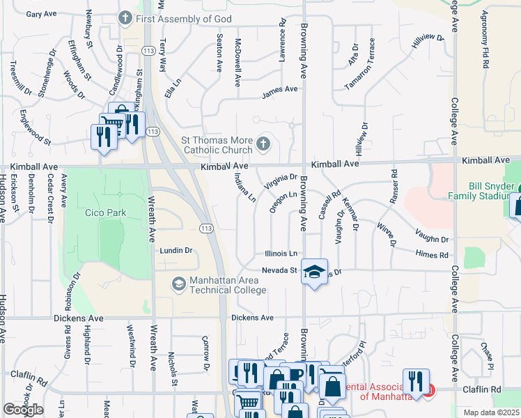 map of restaurants, bars, coffee shops, grocery stores, and more near 1828 Virginia Drive in Manhattan
