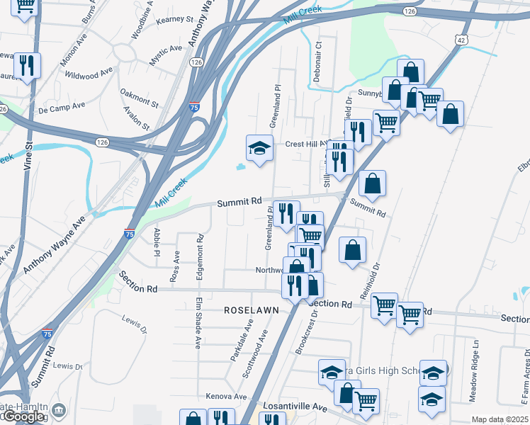 map of restaurants, bars, coffee shops, grocery stores, and more near 7657 Greenland Place in Cincinnati