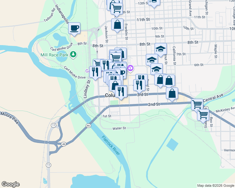 map of restaurants, bars, coffee shops, grocery stores, and more near 301 Jackson Street in Columbus